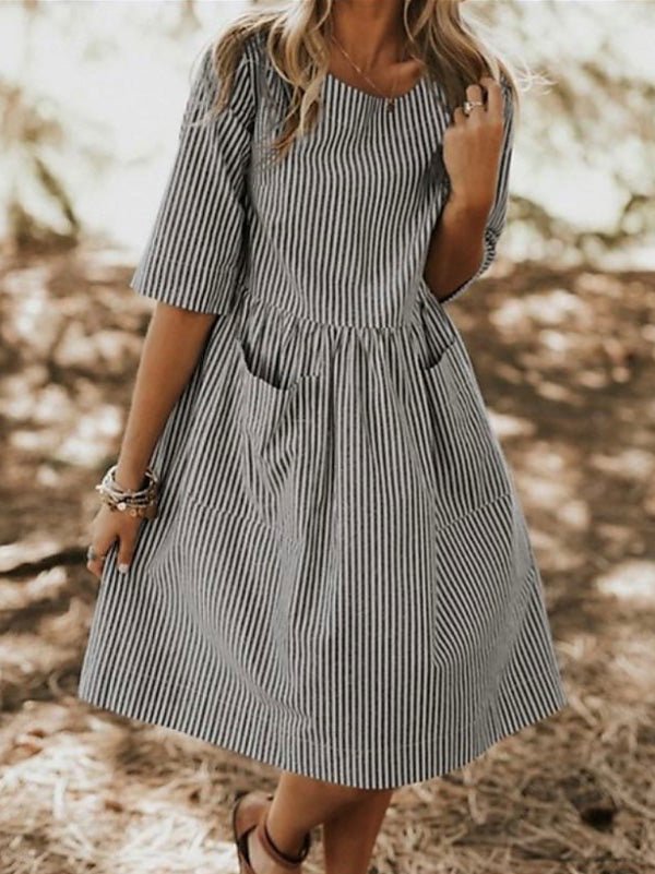 Dresses Crewneck Striped Pocket Casual Dress - LuckyFash™