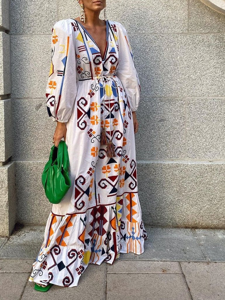 Dresses Deep V-Neck Lantern Sleeve Printed Dress - LuckyFash™