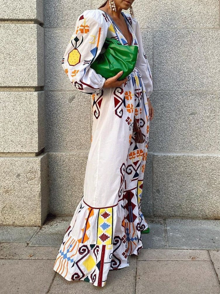 Dresses Deep V-Neck Lantern Sleeve Printed Dress - LuckyFash™