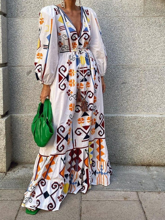 Dresses Deep V-Neck Lantern Sleeve Printed Dress - LuckyFash™