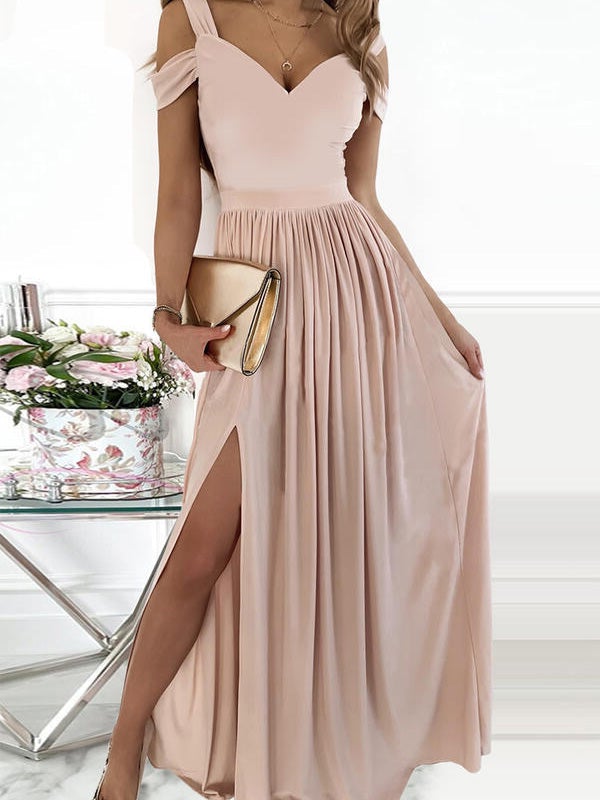 Dresses Deep V Neck Off Shoulder Slit Dress - LuckyFash™