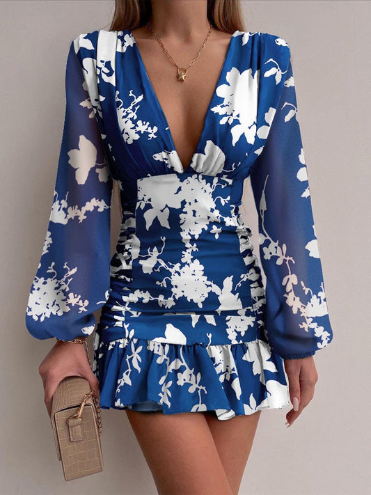 Dresses Deep V-Neck Printed Long Sleeve Mini Dress - LuckyFash™