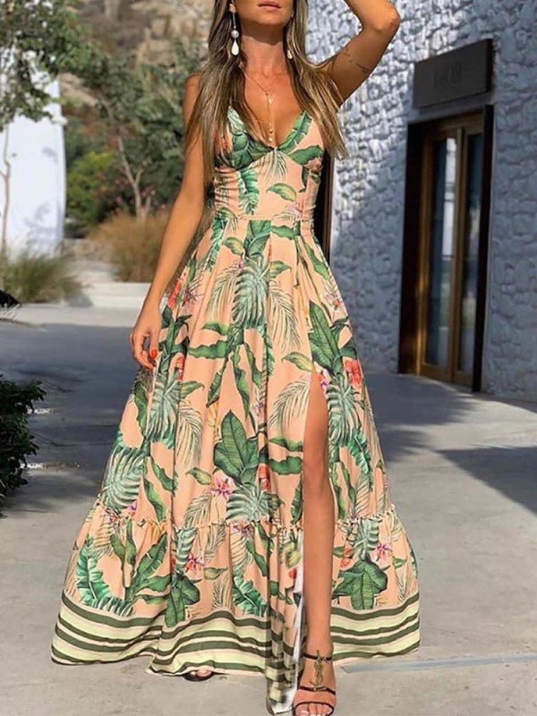 Dresses Deep V-Neck Sling Leaf Print Slit Dress - LuckyFash™