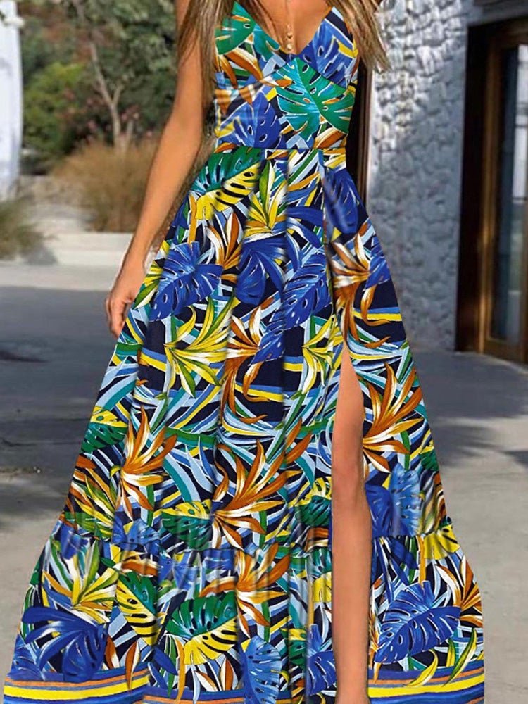 Dresses Deep V-Neck Sling Leaf Print Slit Dress - LuckyFash™
