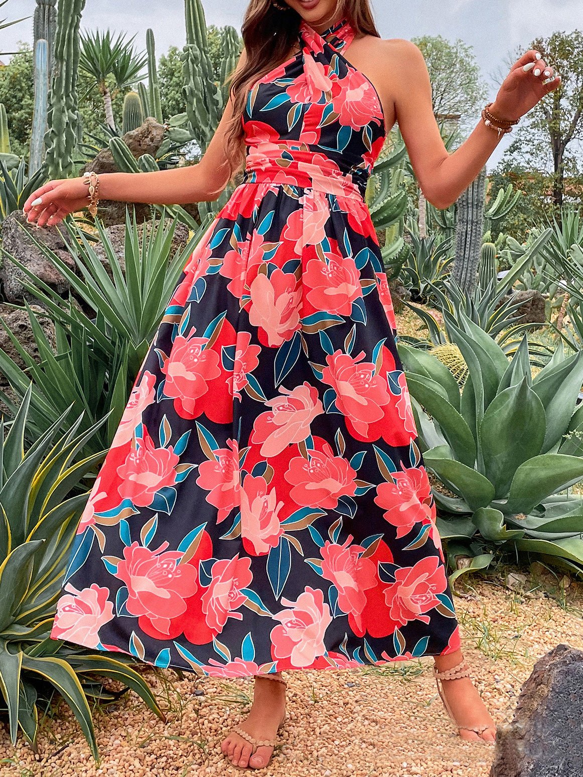 Dresses Floral Halterneck Open Back Maxi Dress - LuckyFash™
