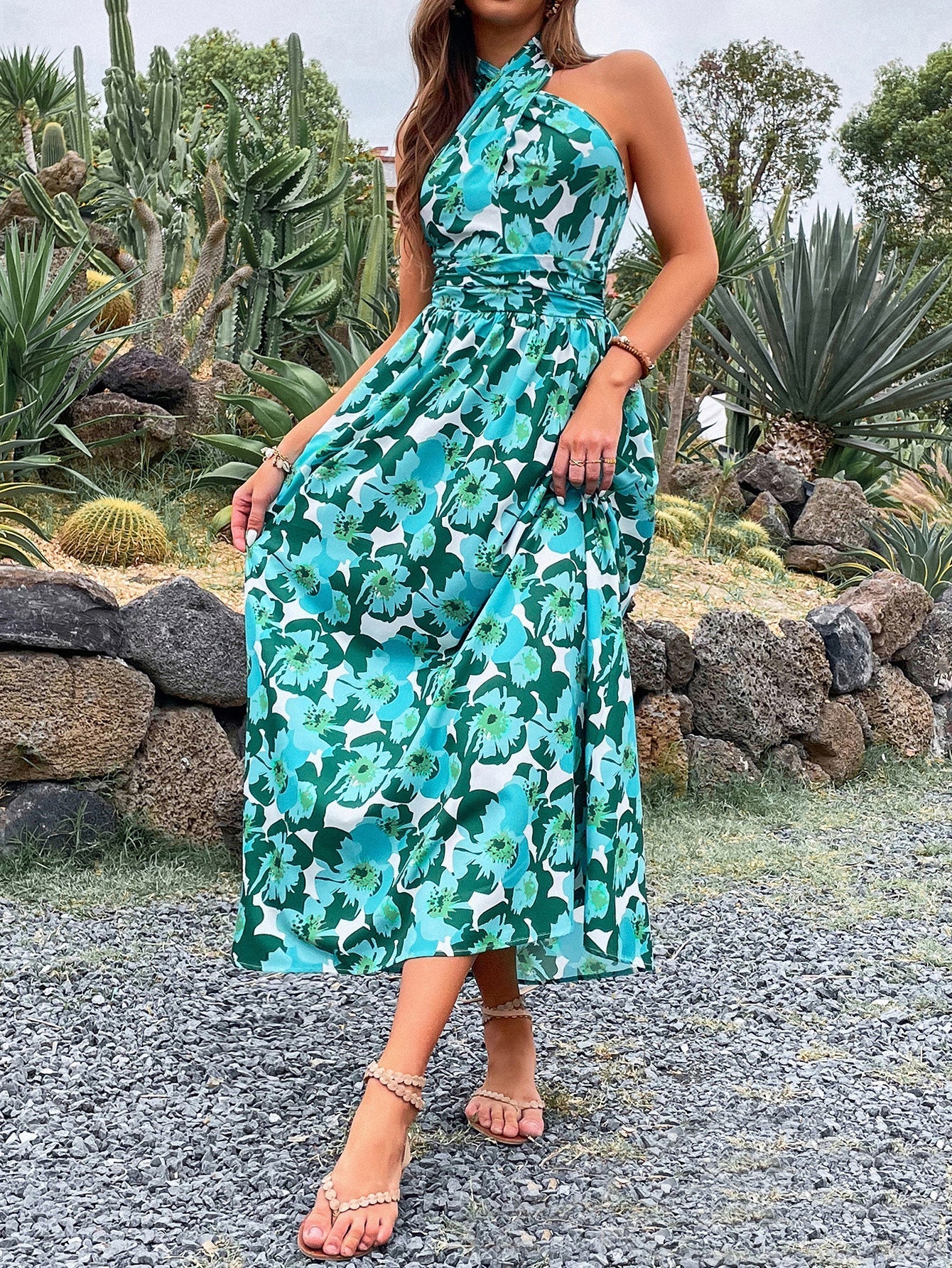 Dresses Floral Halterneck Open Back Maxi Dress - LuckyFash™