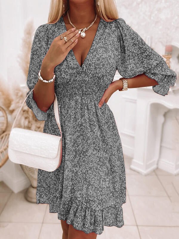 Dresses Floral V-Neck Mid-Sleeves Ruffle Dress - LuckyFash™