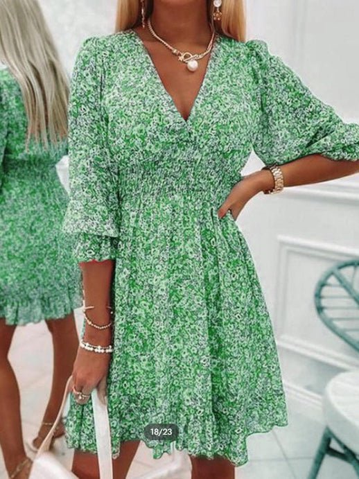 Dresses Floral V-Neck Mid-Sleeves Ruffle Dress - LuckyFash™