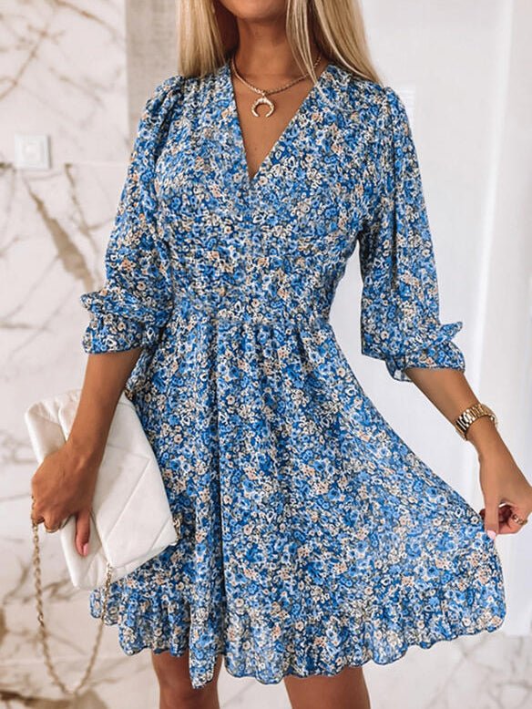 Dresses Floral V-Neck Mid-Sleeves Ruffle Dress - LuckyFash™