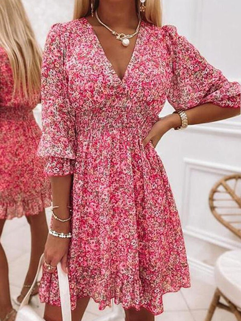 Dresses Floral V-Neck Mid-Sleeves Ruffle Dress - LuckyFash™