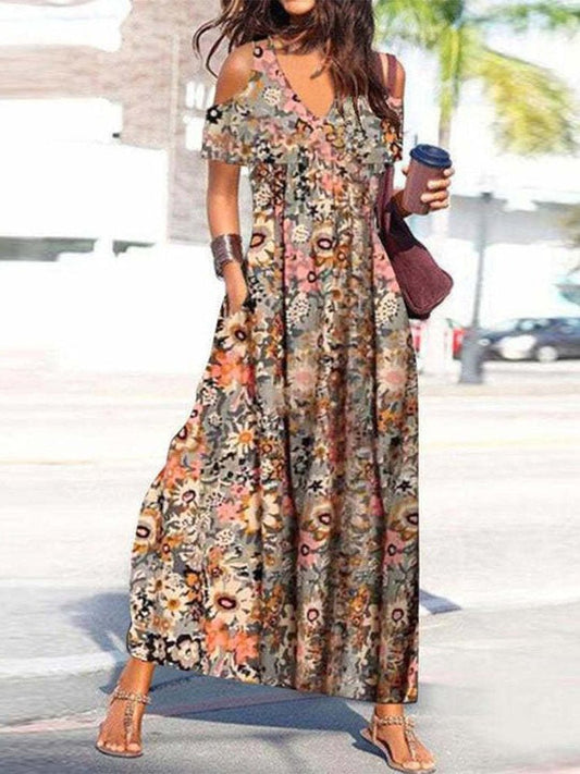 Dresses Floral V-Neck Off-Shoulder Short Sleeve Dress - LuckyFash™