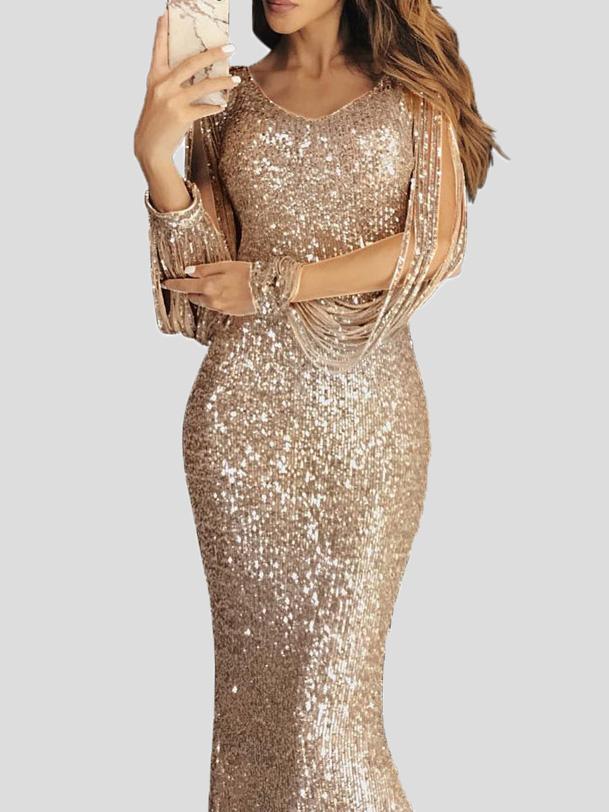 Dresses Fringed Long Sleeve Wrap Evening Dress - LuckyFash™