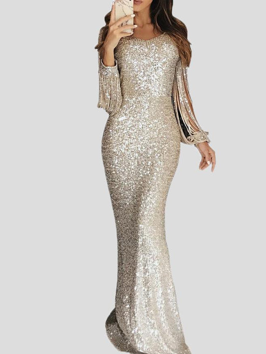Dresses Fringed Long Sleeve Wrap Evening Dress - LuckyFash™