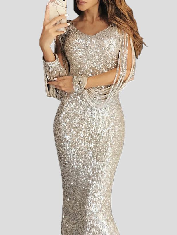 Dresses Fringed Long Sleeve Wrap Evening Dress - LuckyFash™