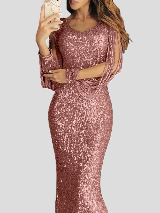 Dresses Fringed Long Sleeve Wrap Evening Dress - LuckyFash™