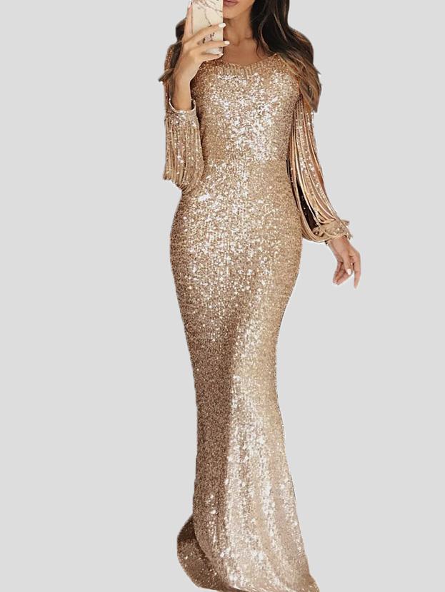 Dresses Fringed Long Sleeve Wrap Evening Dress - LuckyFash™