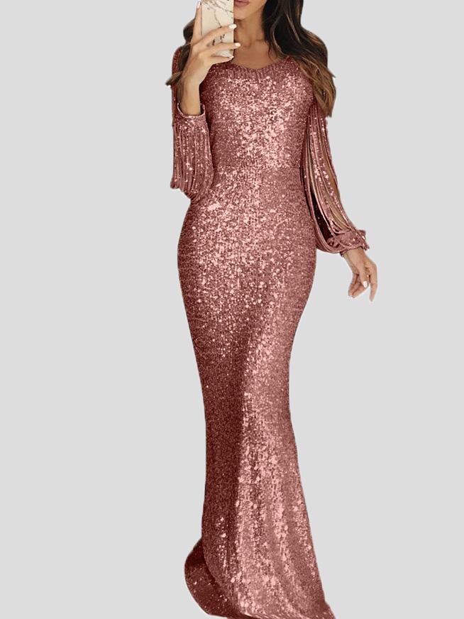 Dresses Fringed Long Sleeve Wrap Evening Dress - LuckyFash™