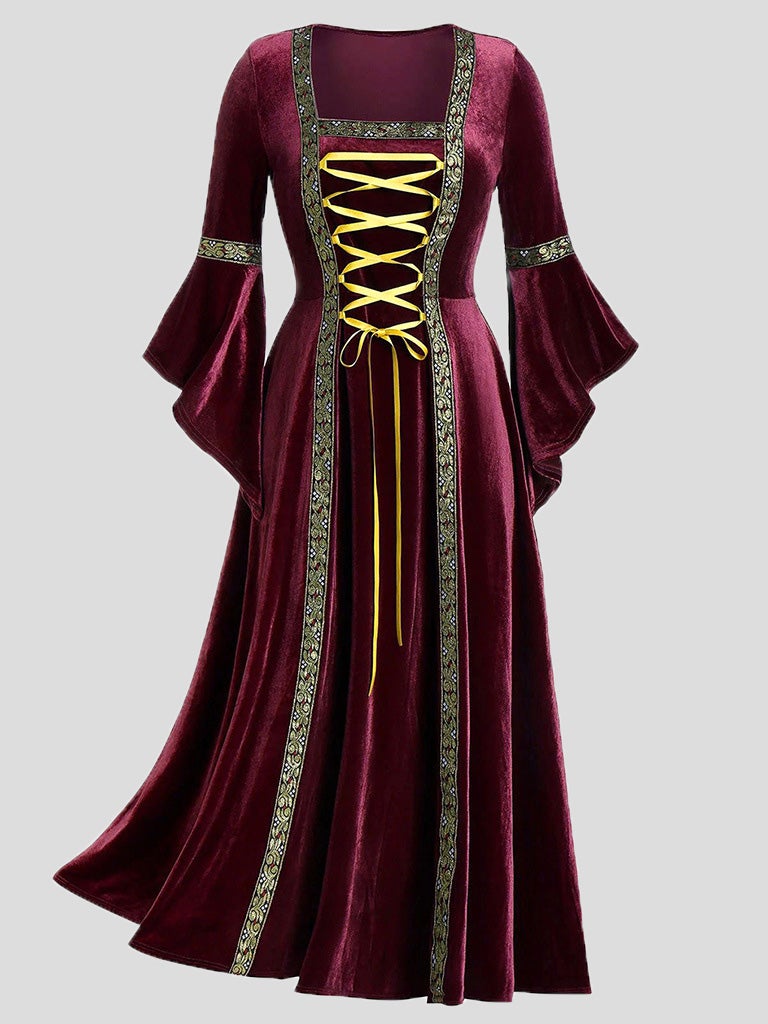 Dresses Gothic Punk Style Long Sleeve Lace-Up Gold Velvet Dress - LuckyFash™