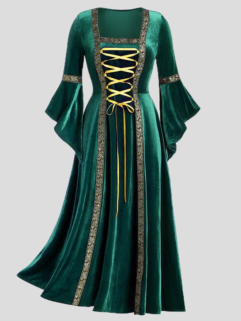Dresses Gothic Punk Style Long Sleeve Lace-Up Gold Velvet Dress - LuckyFash™