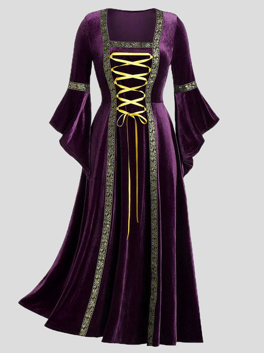 Dresses Gothic Punk Style Long Sleeve Lace-Up Gold Velvet Dress - LuckyFash™