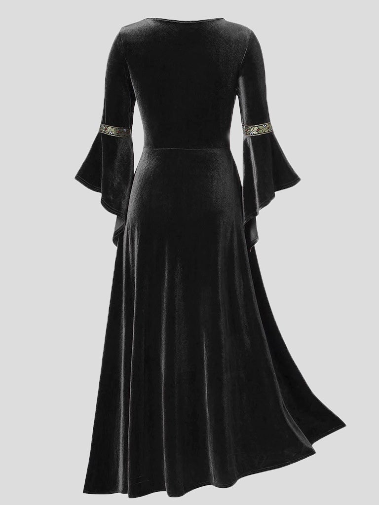 Dresses Gothic Punk Style Long Sleeve Lace-Up Gold Velvet Dress - LuckyFash™