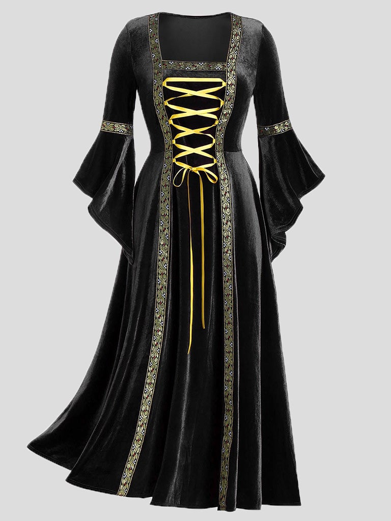 Dresses Gothic Punk Style Long Sleeve Lace-Up Gold Velvet Dress - LuckyFash™