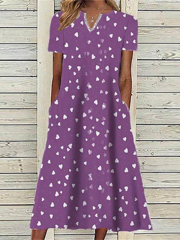 Dresses Heart Print Pocket Short Sleeve Dress - LuckyFash™