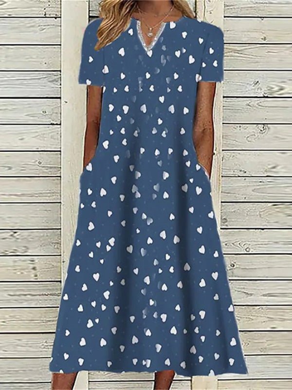Dresses Heart Print Pocket Short Sleeve Dress - LuckyFash™