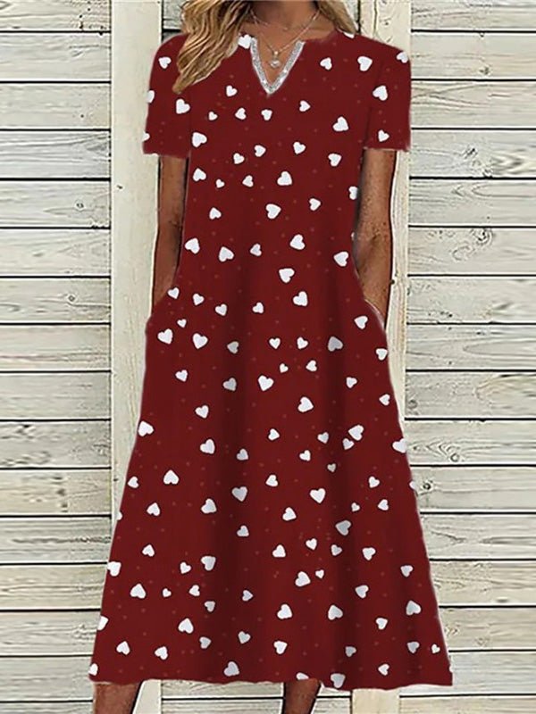 Dresses Heart Print Pocket Short Sleeve Dress - LuckyFash™