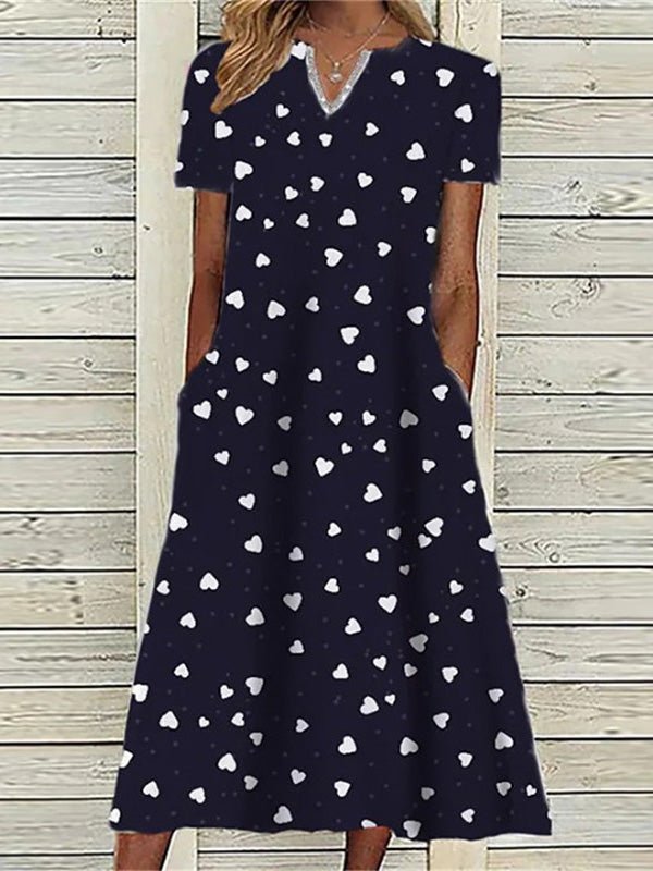 Dresses Heart Print Pocket Short Sleeve Dress - LuckyFash™