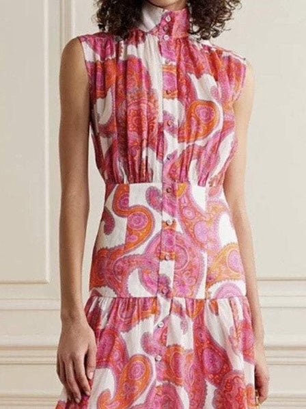 Dresses High Neck Button Sleeveless Print Dress - LuckyFash™