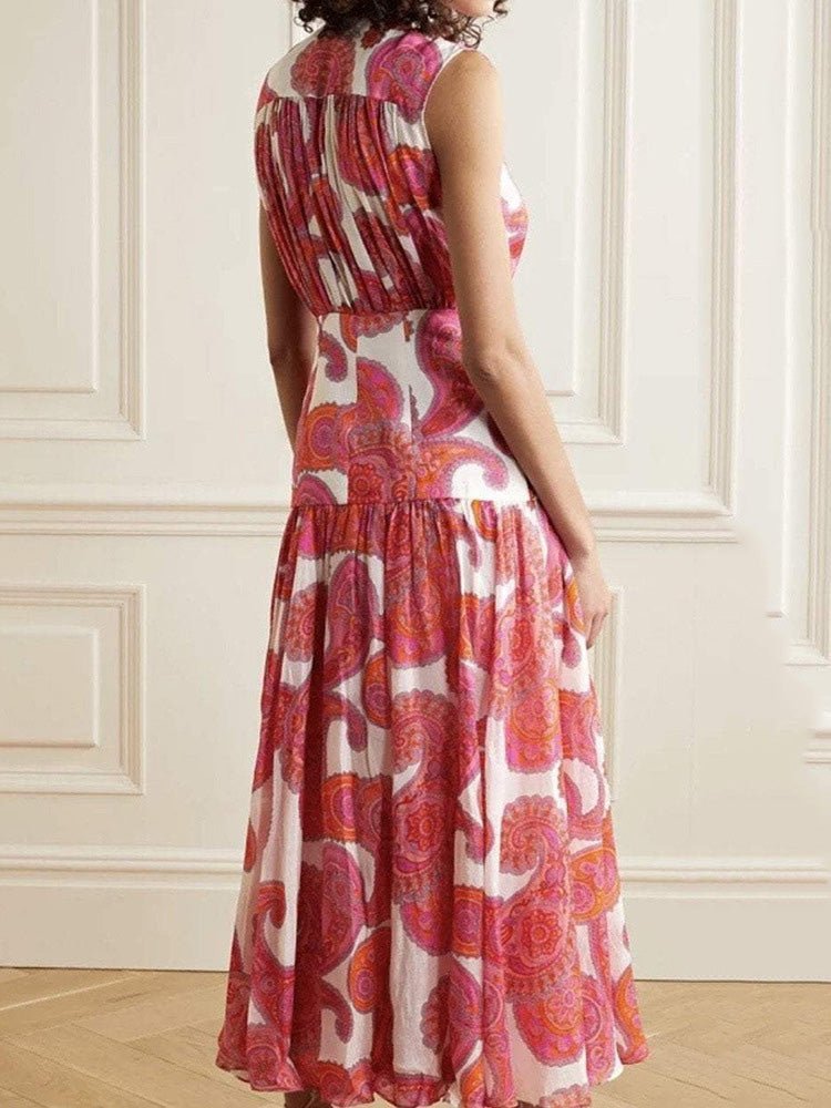 Dresses High Neck Button Sleeveless Print Dress - LuckyFash™