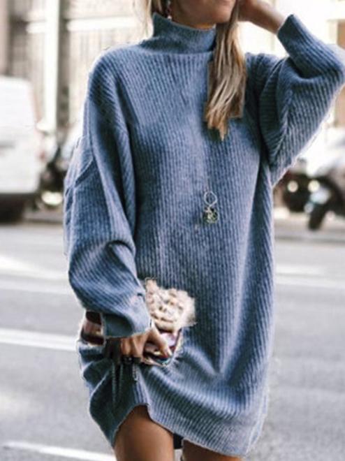 Dresses High Neck Long Sleeve Sweater Dress - LuckyFash™