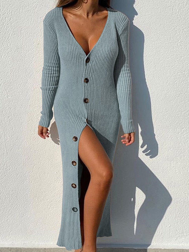 Dresses Knitting Thread Button Long Sleeve Maxi Dress - LuckyFash™