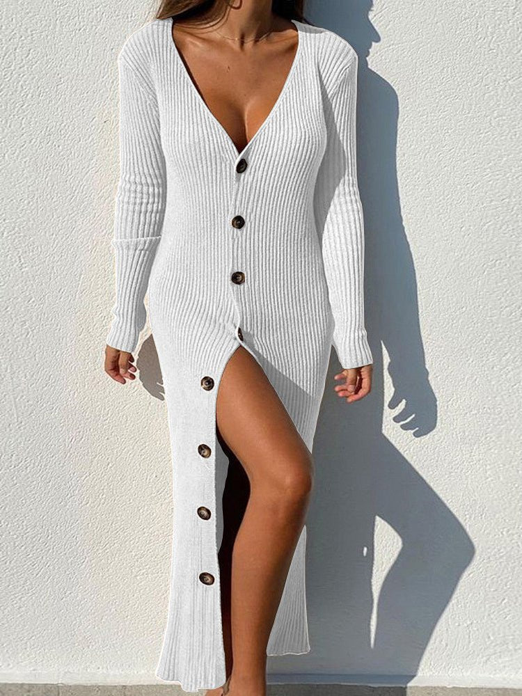 Dresses Knitting Thread Button Long Sleeve Maxi Dress - LuckyFash™