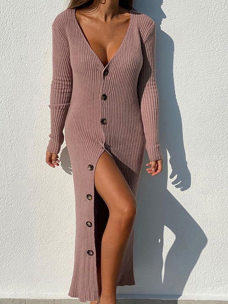 Dresses Knitting Thread Button Long Sleeve Maxi Dress - LuckyFash™
