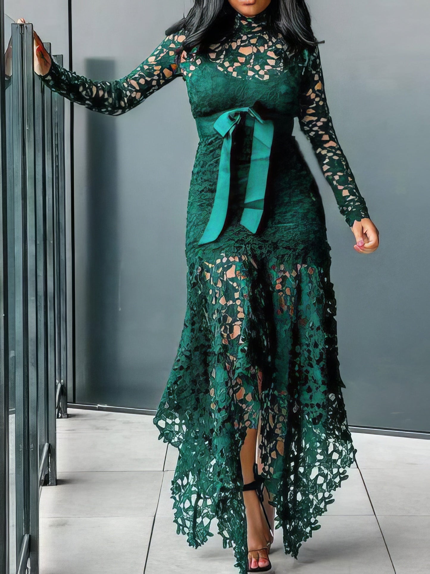 Dresses Lace Hollow Long Sleeve Stand Collar Irregular Dress - LuckyFash™