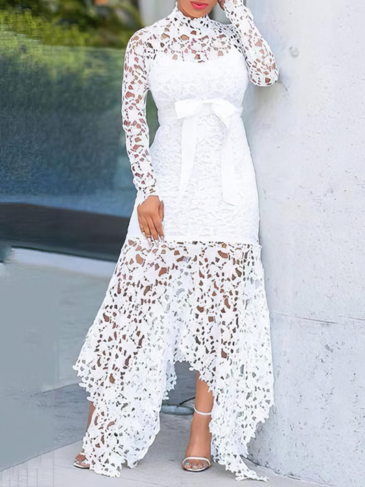 Dresses Lace Hollow Long Sleeve Stand Collar Irregular Dress - LuckyFash™