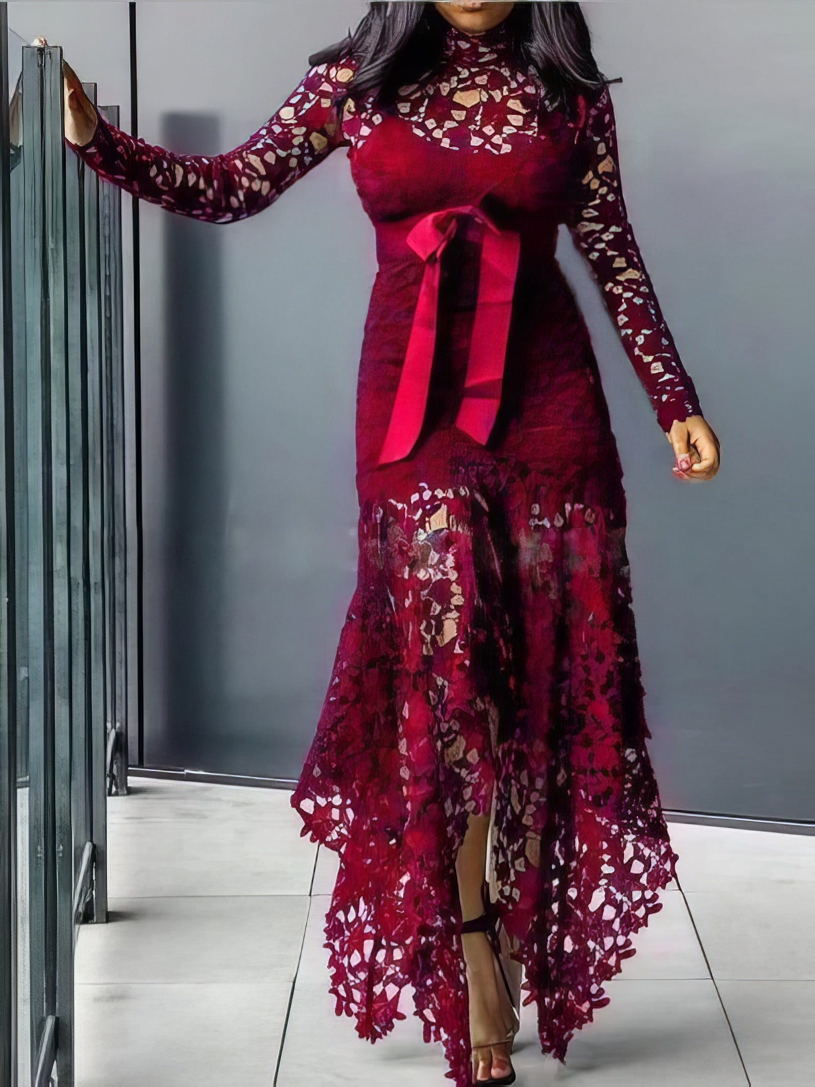 Dresses Lace Hollow Long Sleeve Stand Collar Irregular Dress - LuckyFash™