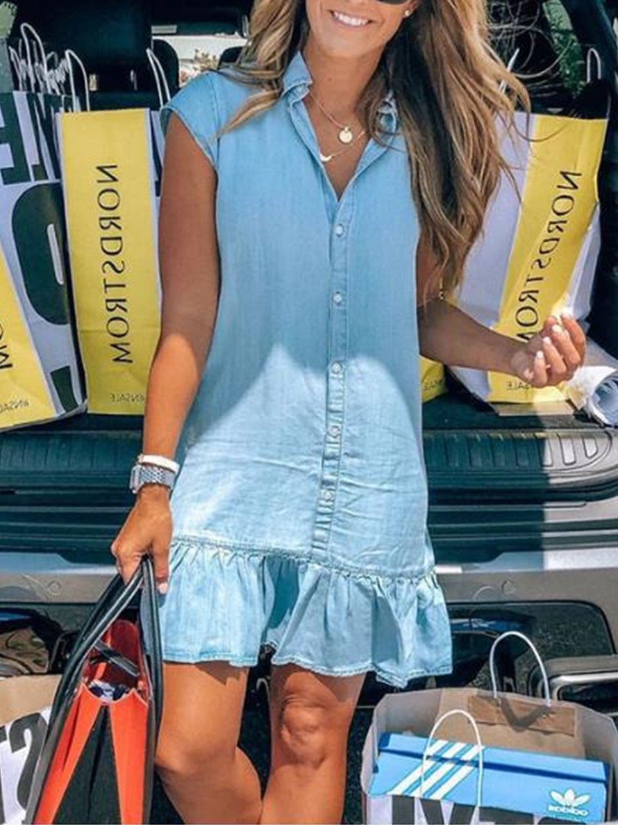 Dresses Lapel Button Sleeveless Ruffle Dress - LuckyFash™