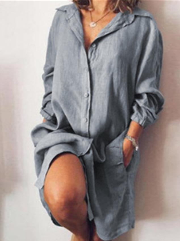 Dresses Long Sleeve Solid Single Breasted Shirt Dress - LuckyFash™