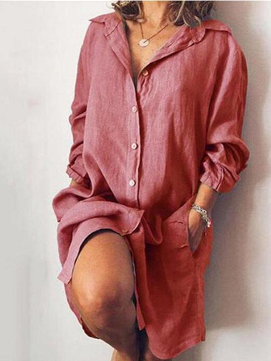 Dresses Long Sleeve Solid Single Breasted Shirt Dress - LuckyFash™