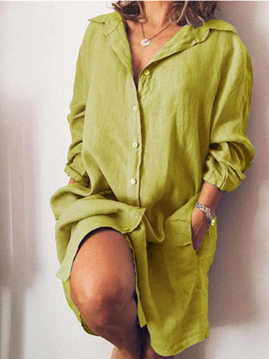 Dresses Long Sleeve Solid Single Breasted Shirt Dress - LuckyFash™