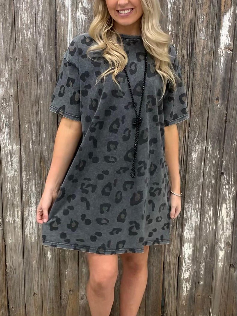 Dresses Loose Leopard Print Crew Neck Short Sleeve Dress - LuckyFash™