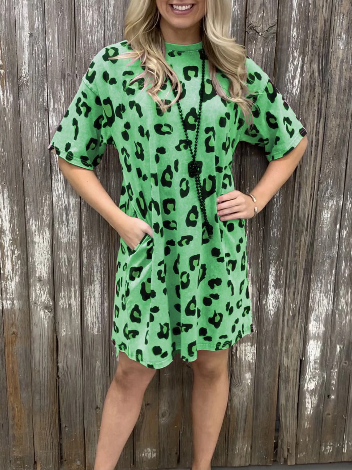 Dresses Loose Leopard Print Crew Neck Short Sleeve Dress - LuckyFash™