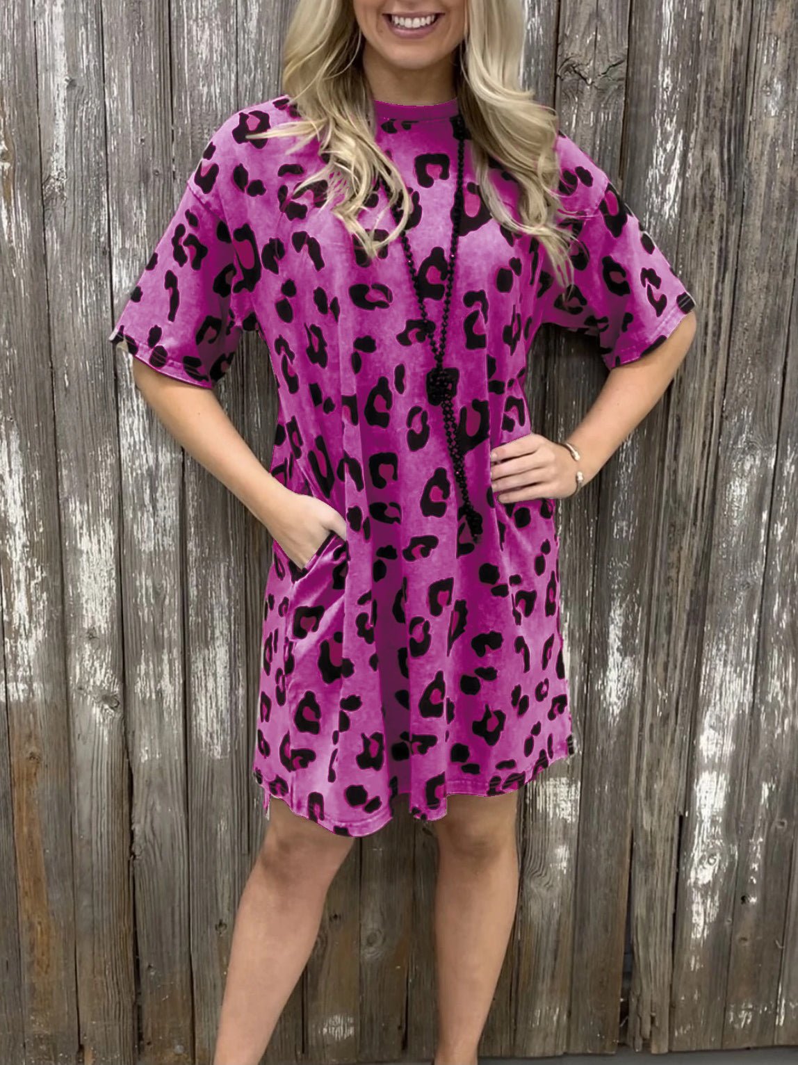 Dresses Loose Leopard Print Crew Neck Short Sleeve Dress - LuckyFash™