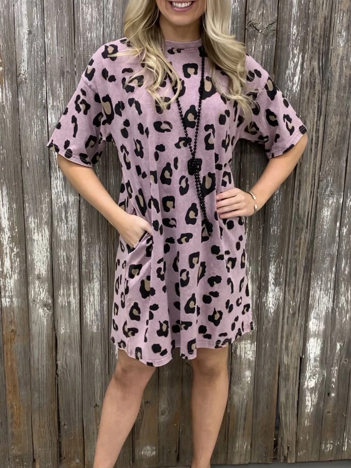 Dresses Loose Leopard Print Crew Neck Short Sleeve Dress - LuckyFash™