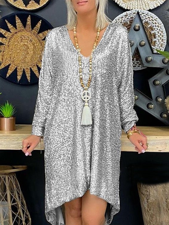 Dresses Loose Sequin V-Neck Long Sleeve Dress - LuckyFash™