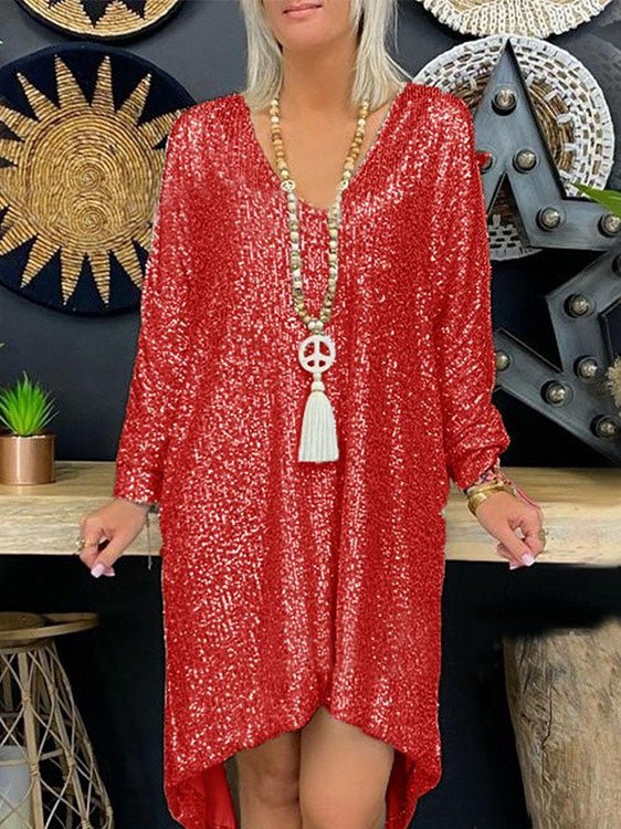 Dresses Loose Sequin V-Neck Long Sleeve Dress - LuckyFash™