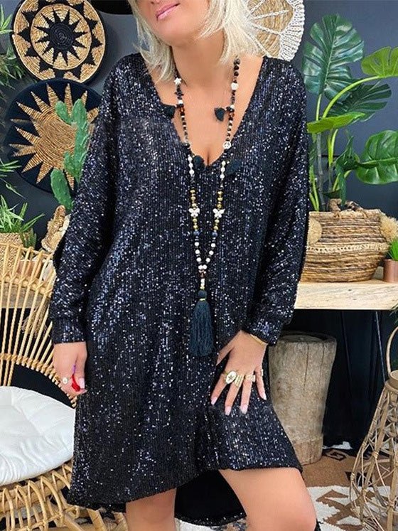 Dresses Loose Sequin V-Neck Long Sleeve Dress - LuckyFash™